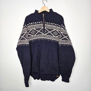 LAUNDROMAT Lined Wool Sweater Mens XL Blue White Chunky Knit Heavyweight 1/4 Zip